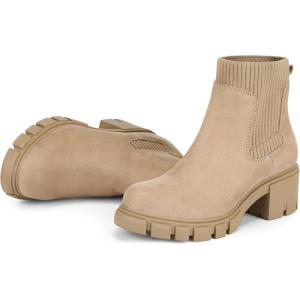 FITORY Womens Chelsea Boots, Elastic Ankle Booties with Chunky Mid Heel and Lug Sole, Comfy Trendy Slip on Shoes for Fall and Winter Size 6-11