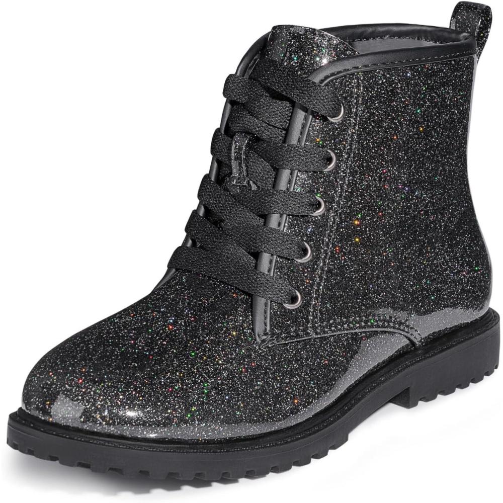 imageFITORY GirlsBoys Ankle Combat Boots with Side Zipper and LaceUp Waterproof Glitter Style Easy OnOff Sparkle Shoes for ToddlerLittle KidBig KidBlack Gypsophila