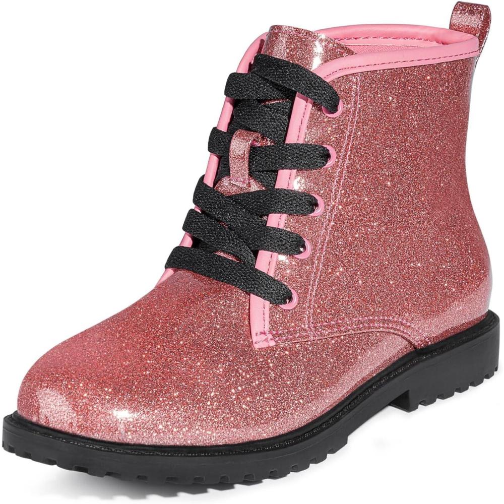 imageFITORY GirlsBoys Ankle Combat Boots with Side Zipper and LaceUp Waterproof Glitter Style Easy OnOff Sparkle Shoes for ToddlerLittle KidBig KidHot Pink