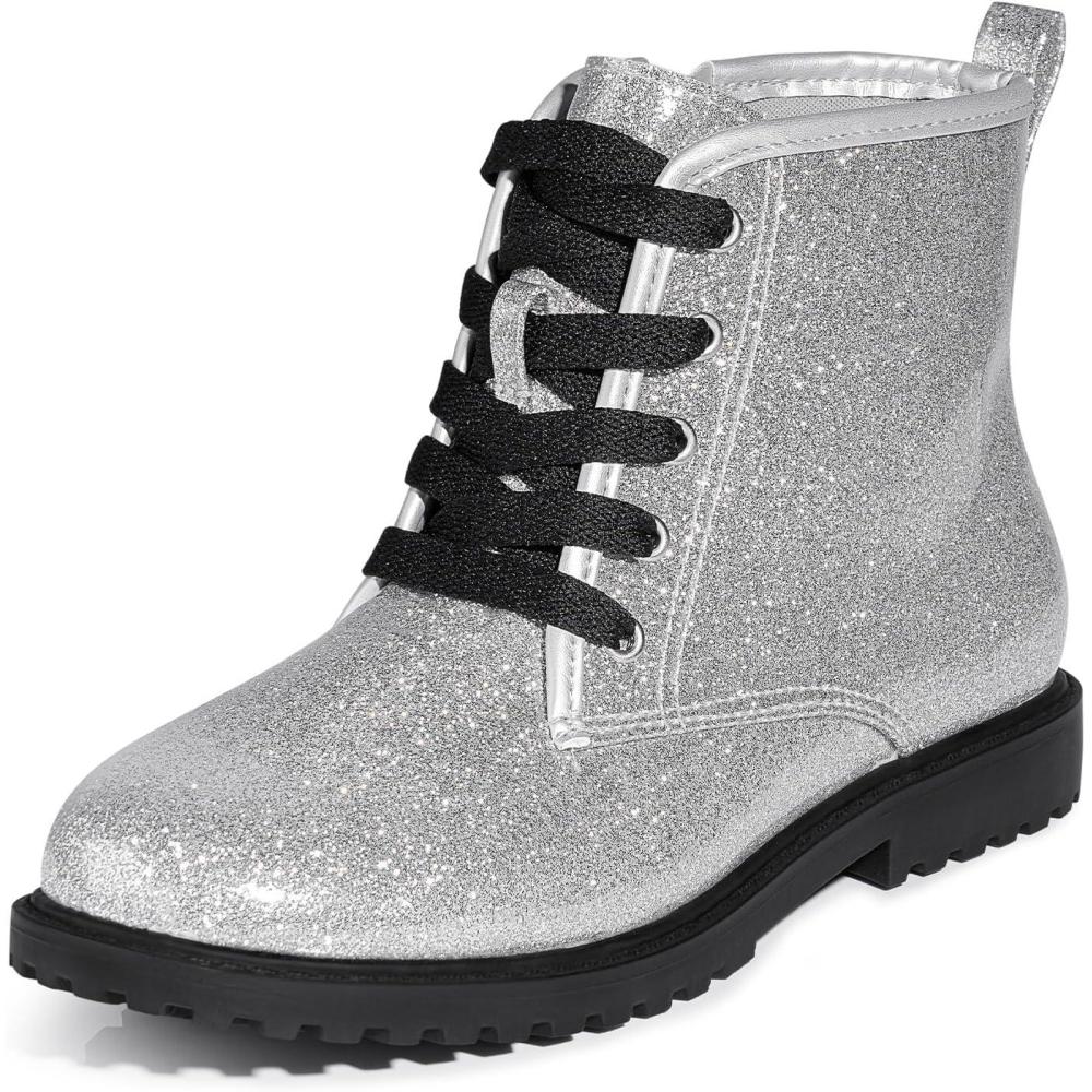 imageFITORY GirlsBoys Ankle Combat Boots with Side Zipper and LaceUp Waterproof Glitter Style Easy OnOff Sparkle Shoes for ToddlerLittle KidBig KidSilver