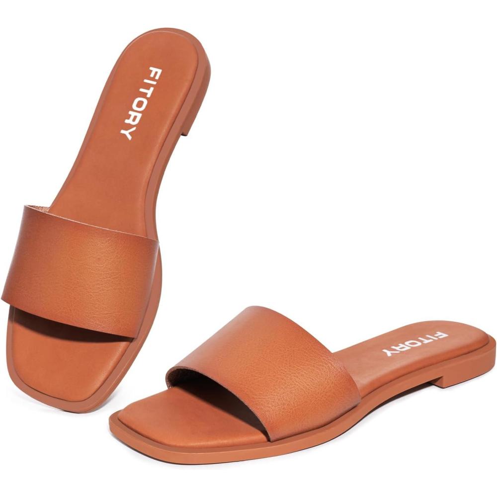 imageFITORY Womens Slide Sandals Fashion Square Open Toe with Cushioned Footbed Slippers for Beach SizeAll Brown