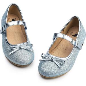 FITORY Girls Dress Shoes, Glitter Mary Jane Ballet Flats with Buckle Strap Bow for Toddler Blue Size 9-10