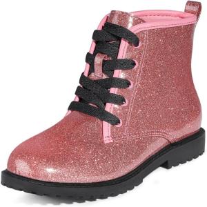 FITORY Girls/Boys Ankle Combat Boots with Side Zipper and Lace-Up, Waterproof Glitter Style, Easy On/Off Sparkle Shoes for Toddler/Little Kid/Big Kid(Hot Pink)