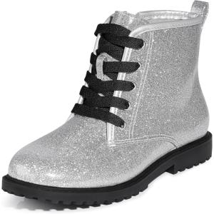 FITORY Girls/Boys Ankle Combat Boots with Side Zipper and Lace-Up, Waterproof Glitter Style, Easy On/Off Sparkle Shoes for Toddler/Little Kid/Big Kid(Silver)