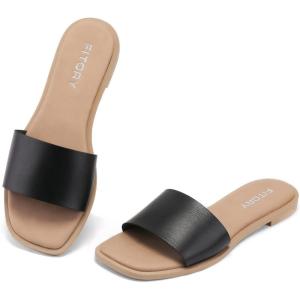 FITORY Women’s Slide Sandals Fashion Square Open Toe with Cushioned Footbed Slippers for Beach Size(Black)