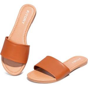 FITORY Women’s Slide Sandals Fashion Square Open Toe with Cushioned Footbed Slippers for Beach Size(Brown-round)