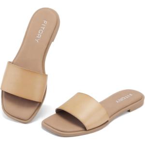 FITORY Women’s Slide Sandals Fashion Square Open Toe with Cushioned Footbed Slippers for Beach Size(Camel)