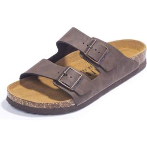 FITORY Mens Sandals, Arch Support Slides with Adjustable Buckle Straps and Cork Footbed Size 7-14.5(Brown)