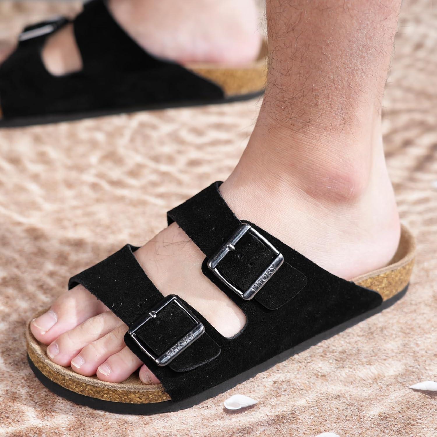 imageFITORY Mens Leather Sandals with Arch Support Open Toe Slides Adjustable Buckles for Summer Size 713Black