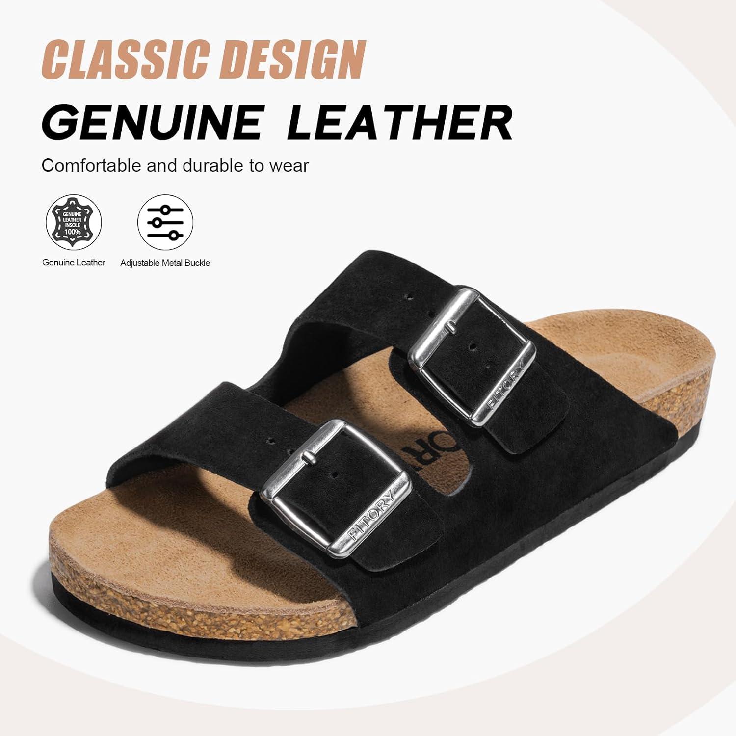 imageFITORY Mens Leather Sandals with Arch Support Open Toe Slides Adjustable Buckles for Summer Size 713Black