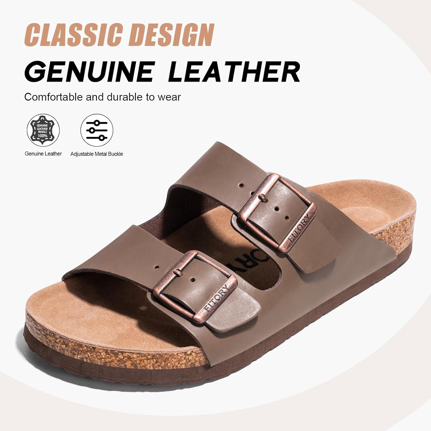 imageFITORY Mens Leather Sandals with Arch Support Open Toe Slides Adjustable Buckles for Summer Size 713Brown