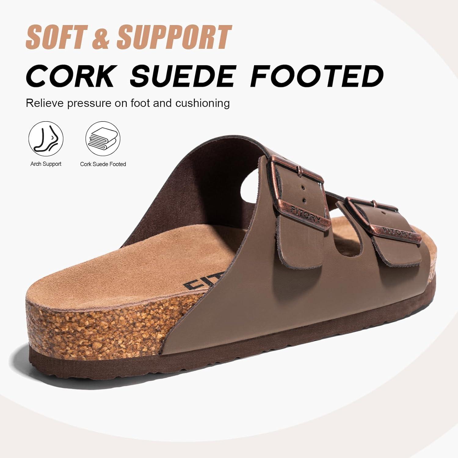 imageFITORY Mens Leather Sandals with Arch Support Open Toe Slides Adjustable Buckles for Summer Size 713Brown