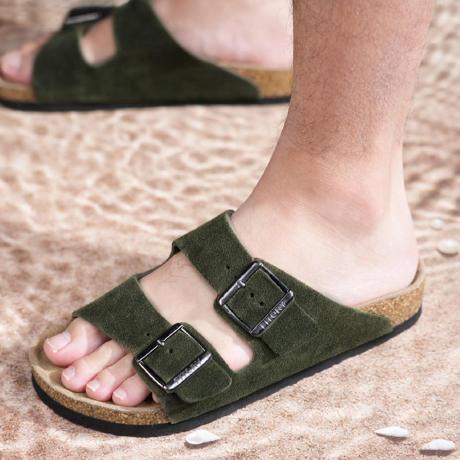imageFITORY Mens Leather Sandals with Arch Support Open Toe Slides Adjustable Buckles for Summer Size 713Green