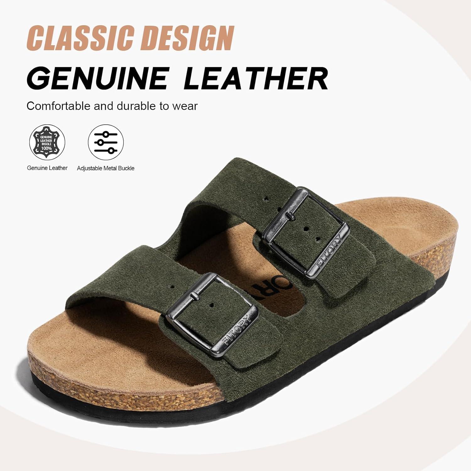imageFITORY Mens Leather Sandals with Arch Support Open Toe Slides Adjustable Buckles for Summer Size 713Green