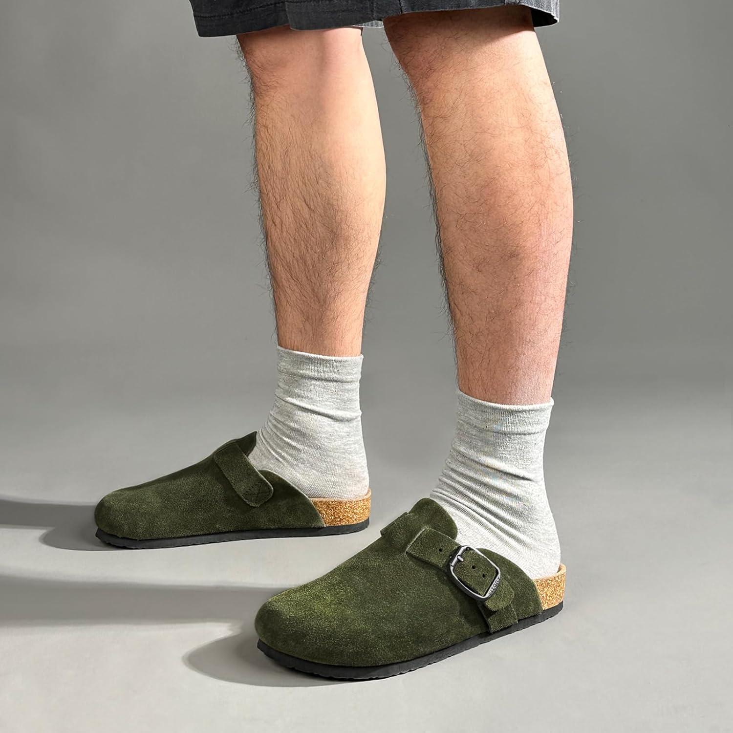 imageFITORY Mens Suede Clogs with Arch SupportLeather Cork Footed Mules Size 714Green