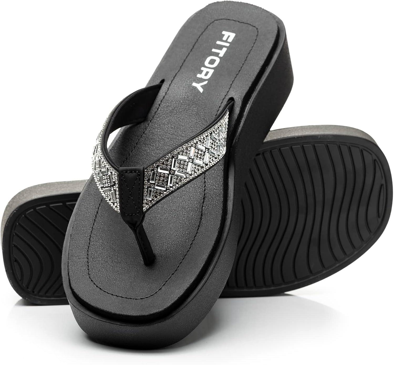 imageFITORY Women Flip Flops Platform Sandals with Rhinestone SizeClear