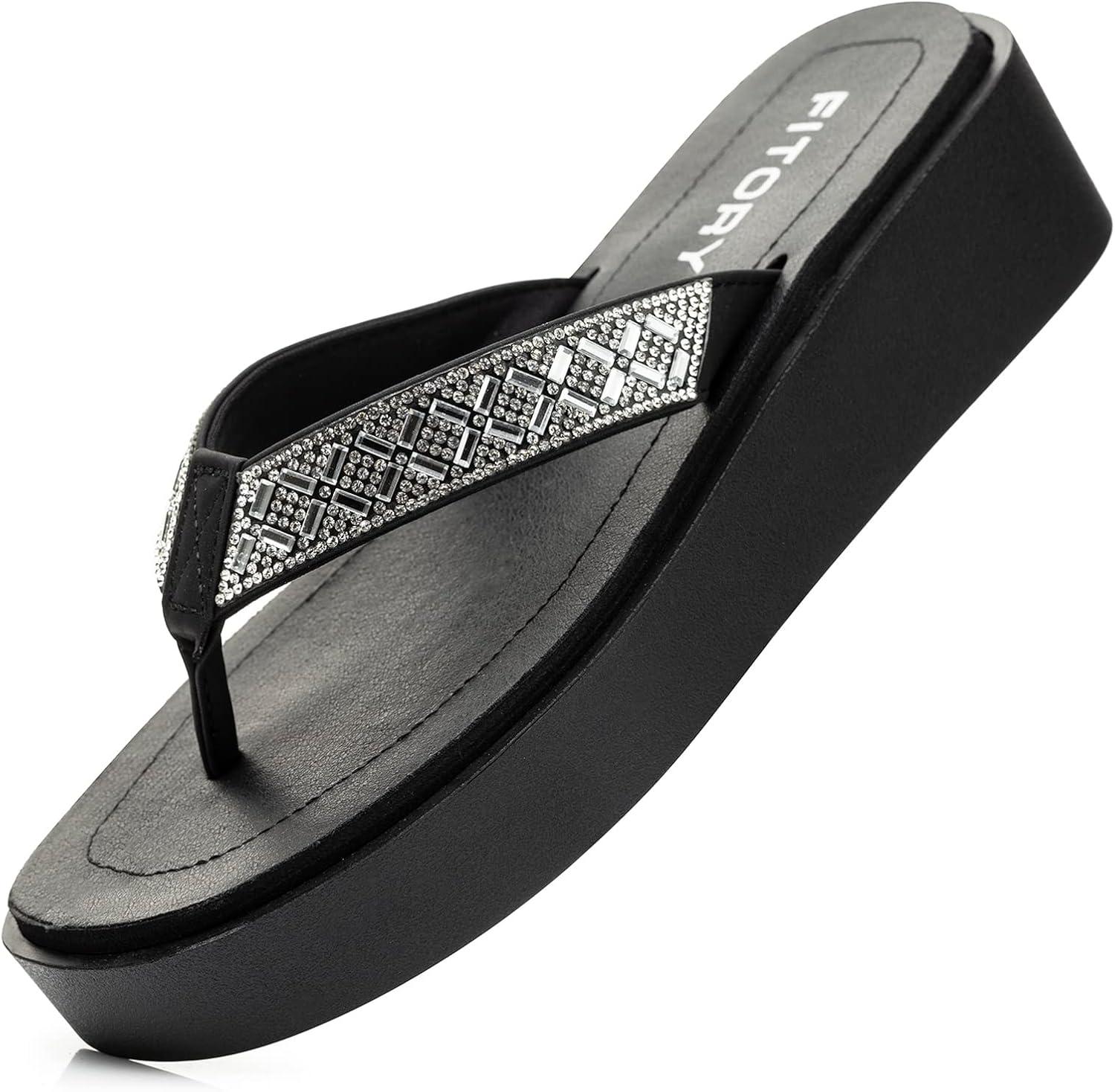imageFITORY Women Flip Flops Platform Sandals with Rhinestone SizeClear
