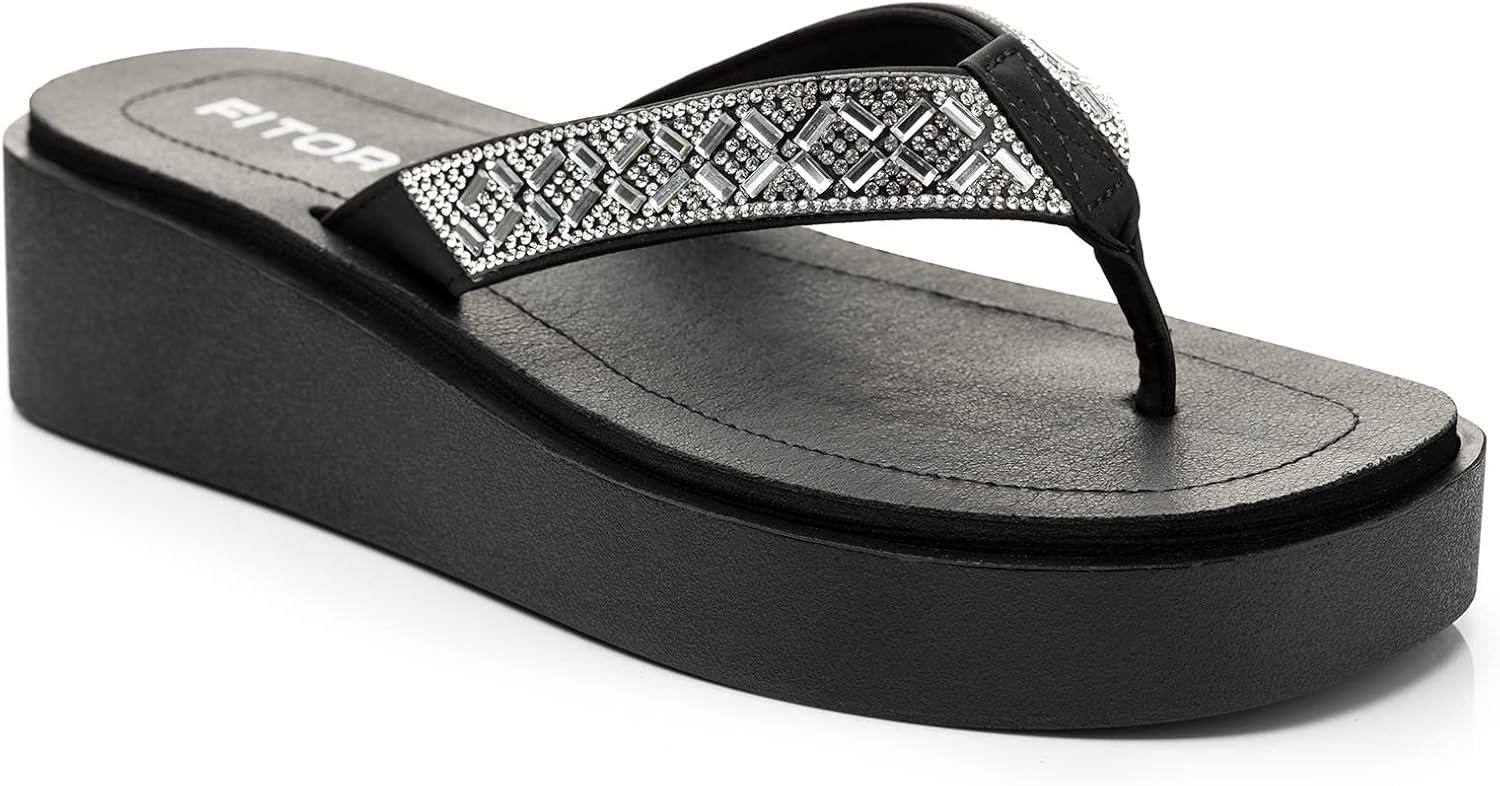 imageFITORY Women Flip Flops Platform Sandals with Rhinestone SizeClear