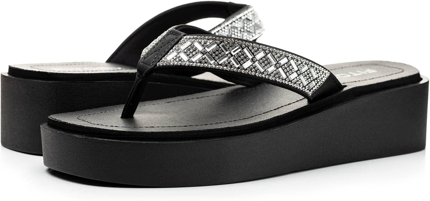 imageFITORY Women Flip Flops Platform Sandals with Rhinestone SizeClear
