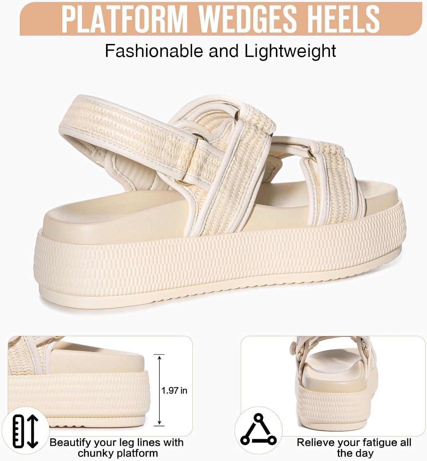 imageFITORY Women Platform Sandals Comfortable Open Toe Beach Shoes with Adjustable Buckle Straps for Summer Size 611Beige
