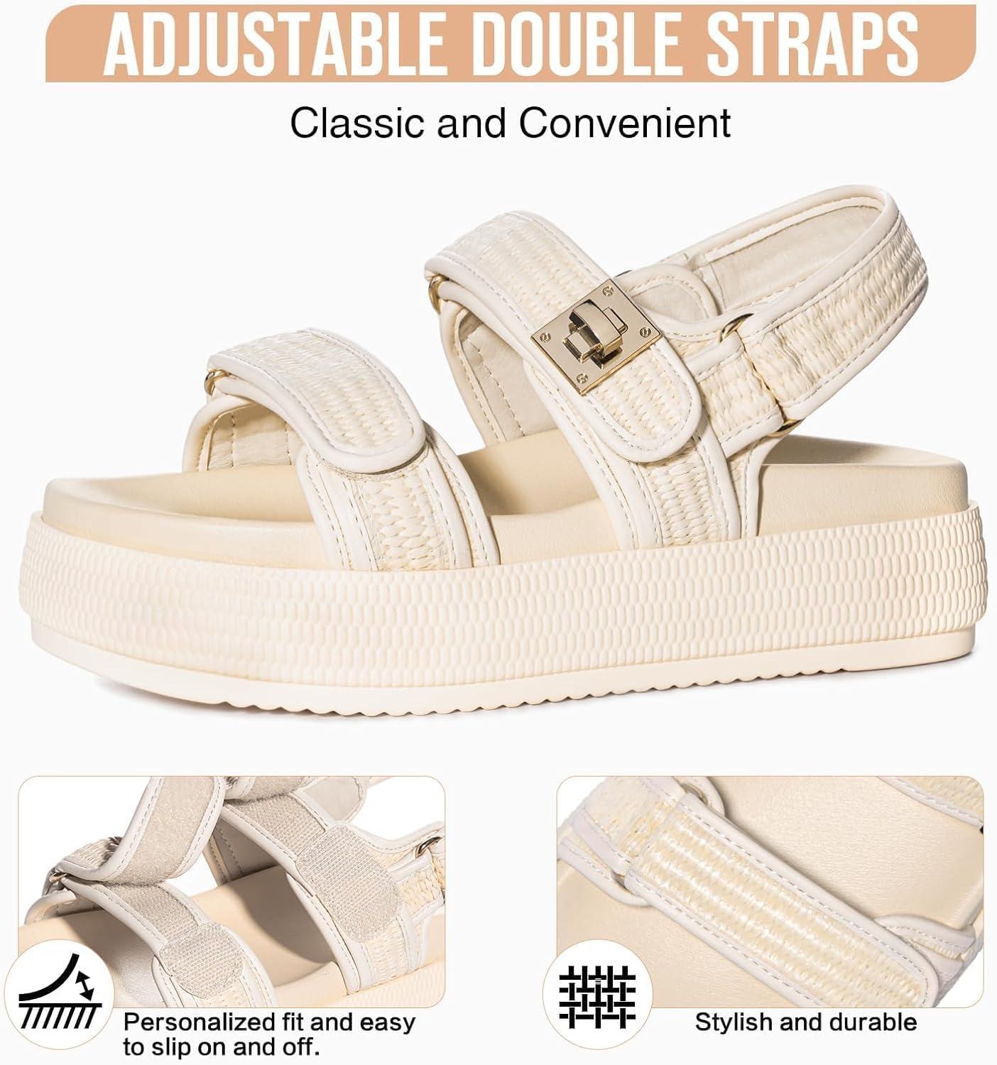 imageFITORY Women Platform Sandals Comfortable Open Toe Beach Shoes with Adjustable Buckle Straps for Summer Size 611Beige
