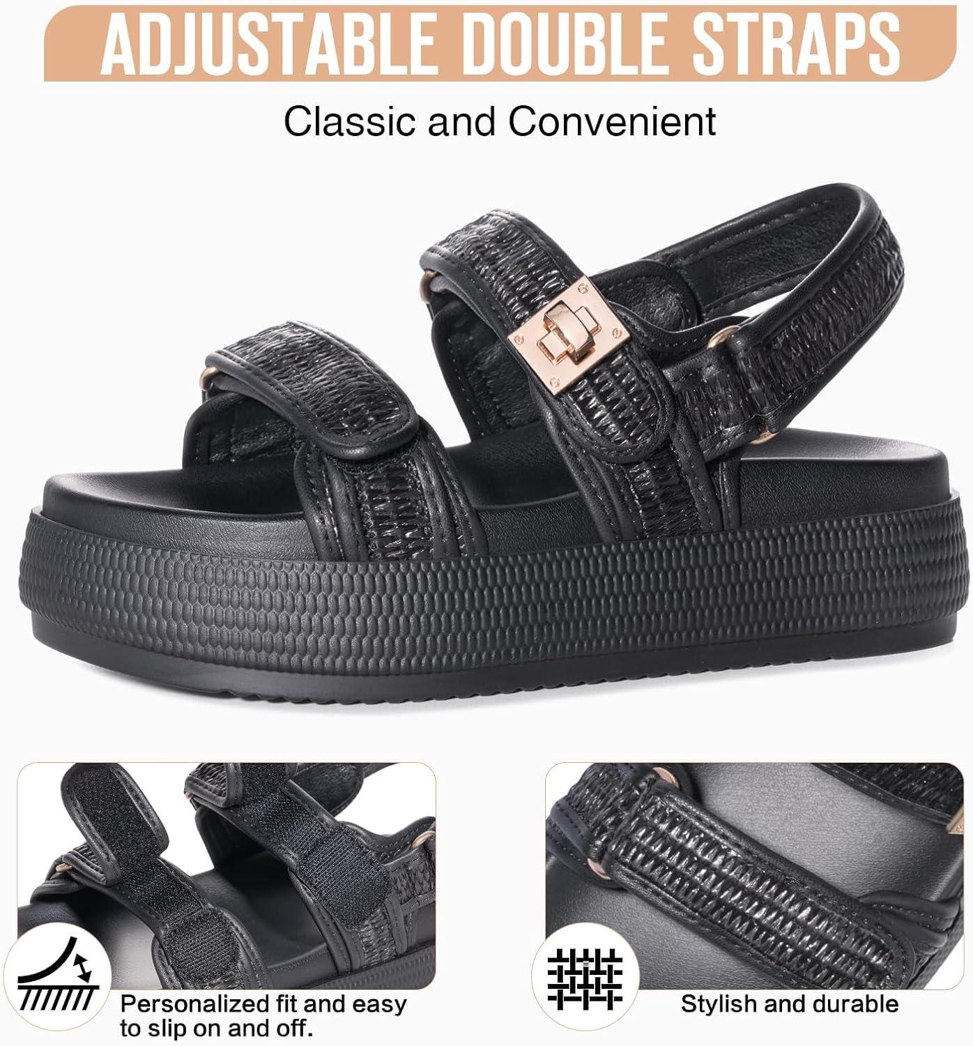 imageFITORY Women Platform Sandals Comfortable Open Toe Beach Shoes with Adjustable Buckle Straps for Summer Size 611Black