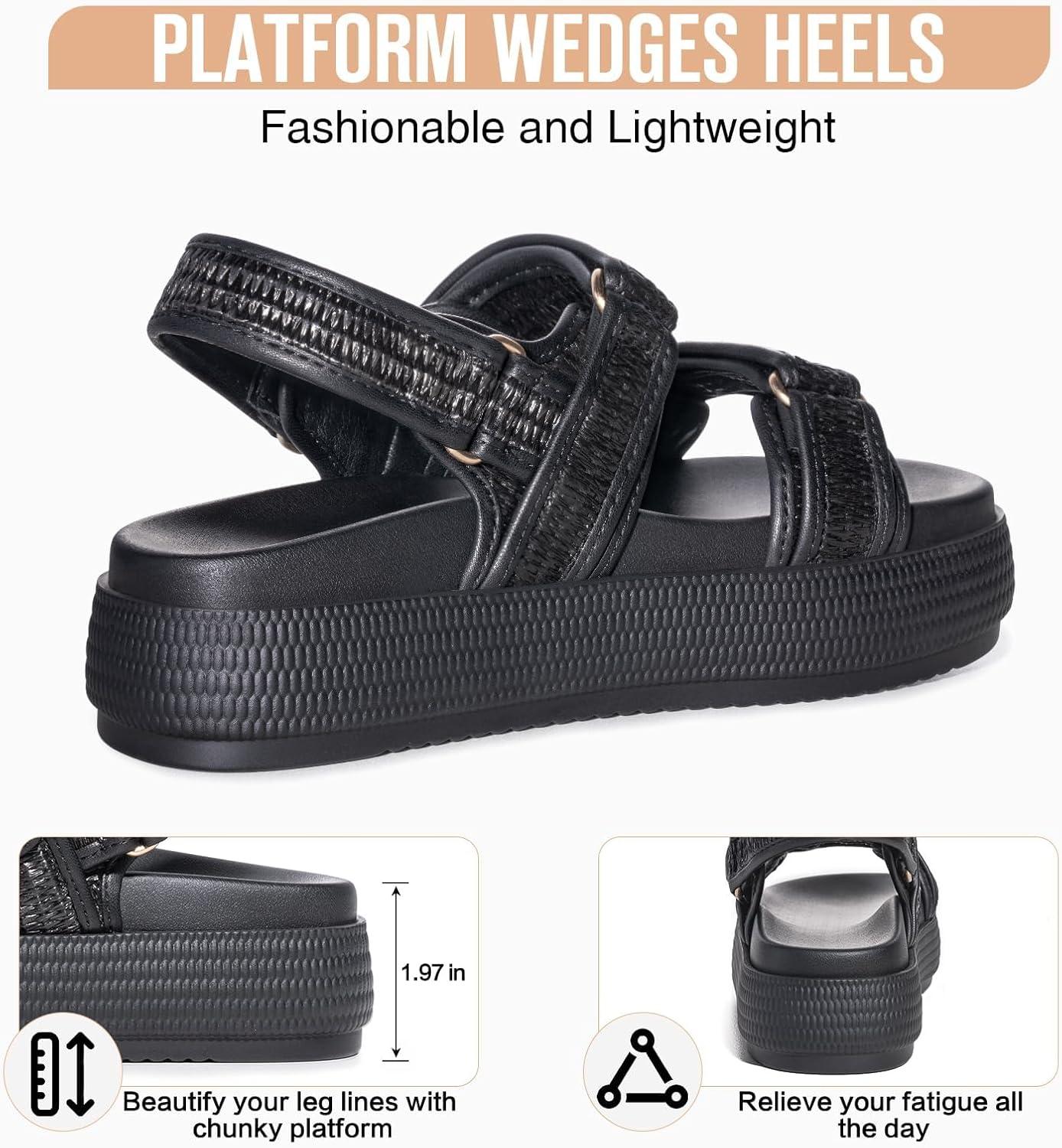 imageFITORY Women Platform Sandals Comfortable Open Toe Beach Shoes with Adjustable Buckle Straps for Summer Size 611Black