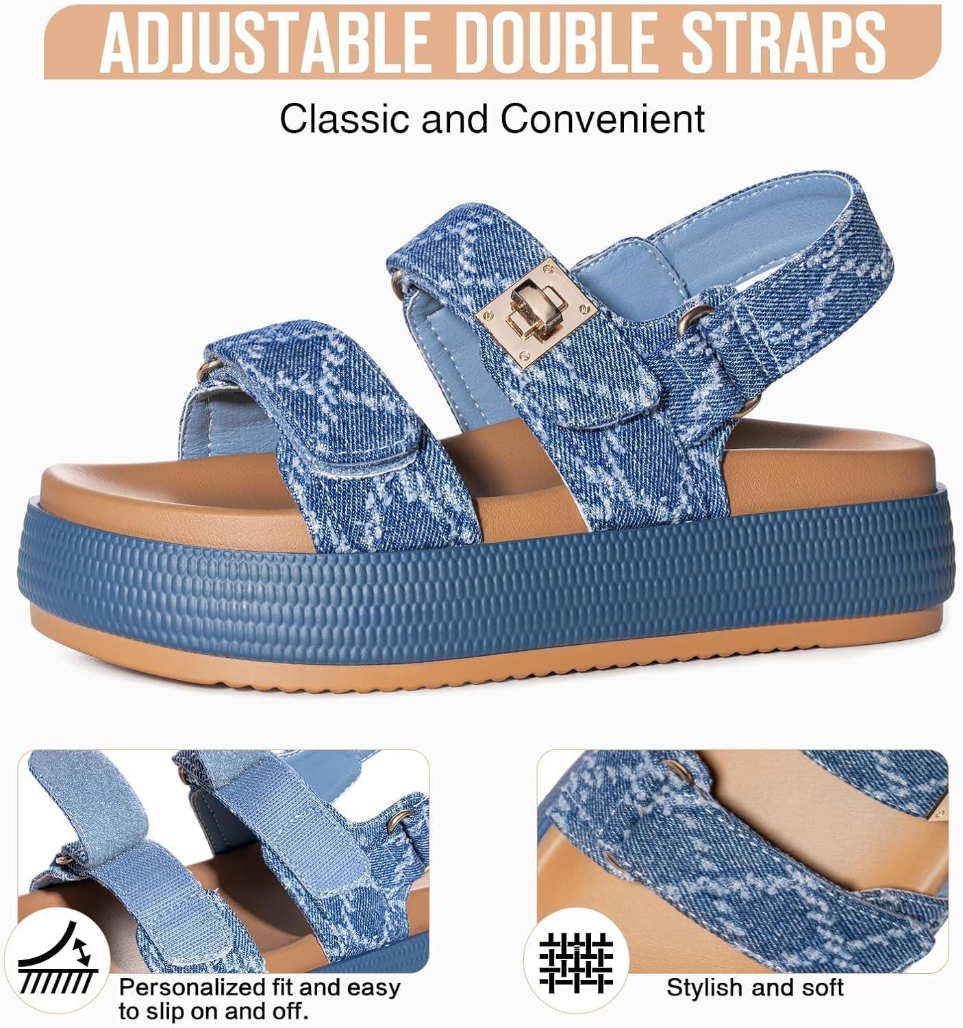 imageFITORY Women Platform Sandals Comfortable Open Toe Beach Shoes with Adjustable Buckle Straps for Summer Size 611Blue