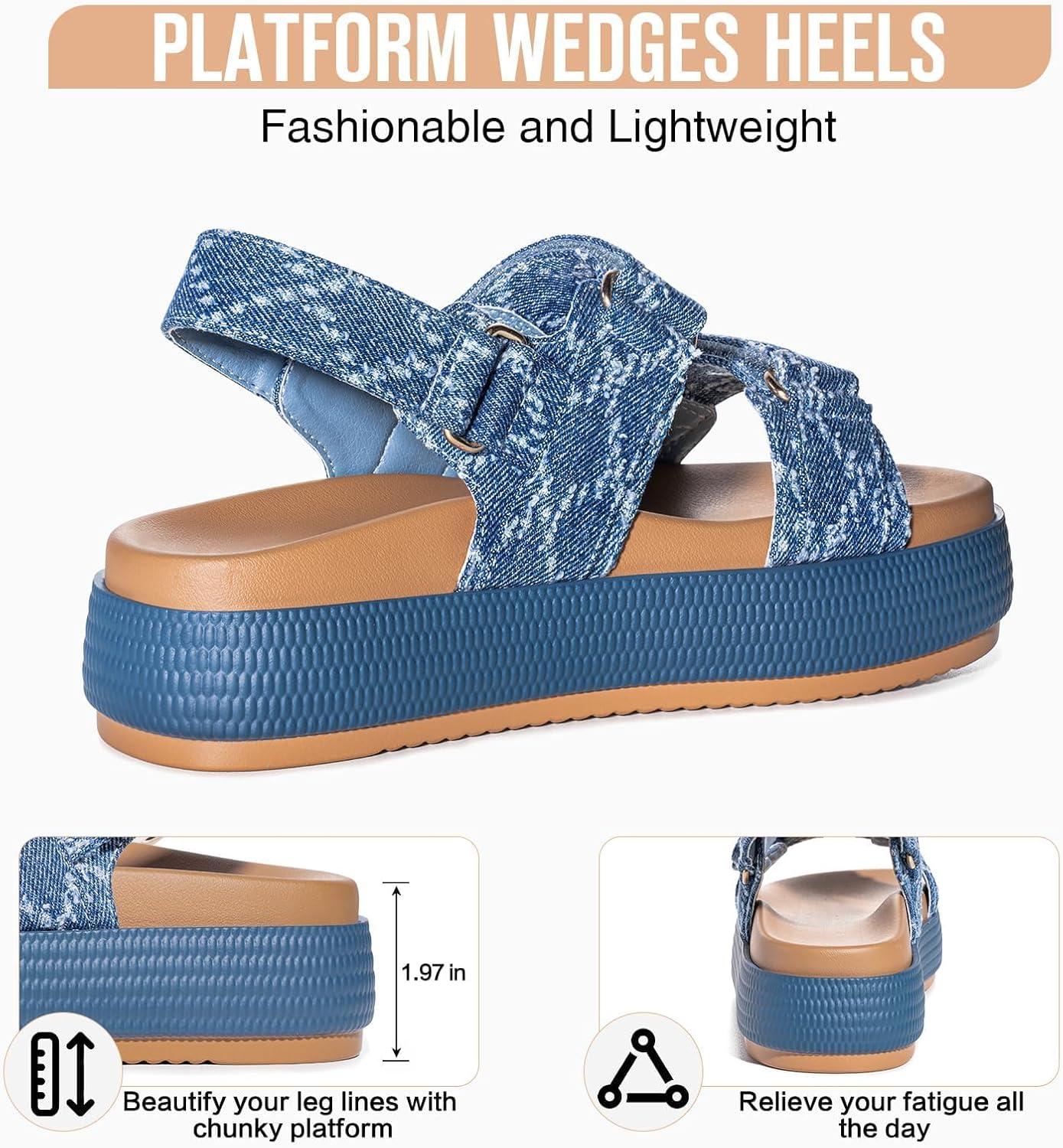 imageFITORY Women Platform Sandals Comfortable Open Toe Beach Shoes with Adjustable Buckle Straps for Summer Size 611Blue