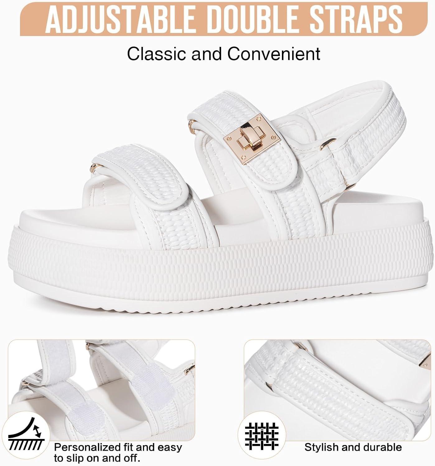 imageFITORY Women Platform Sandals Comfortable Open Toe Beach Shoes with Adjustable Buckle Straps for Summer Size 611White