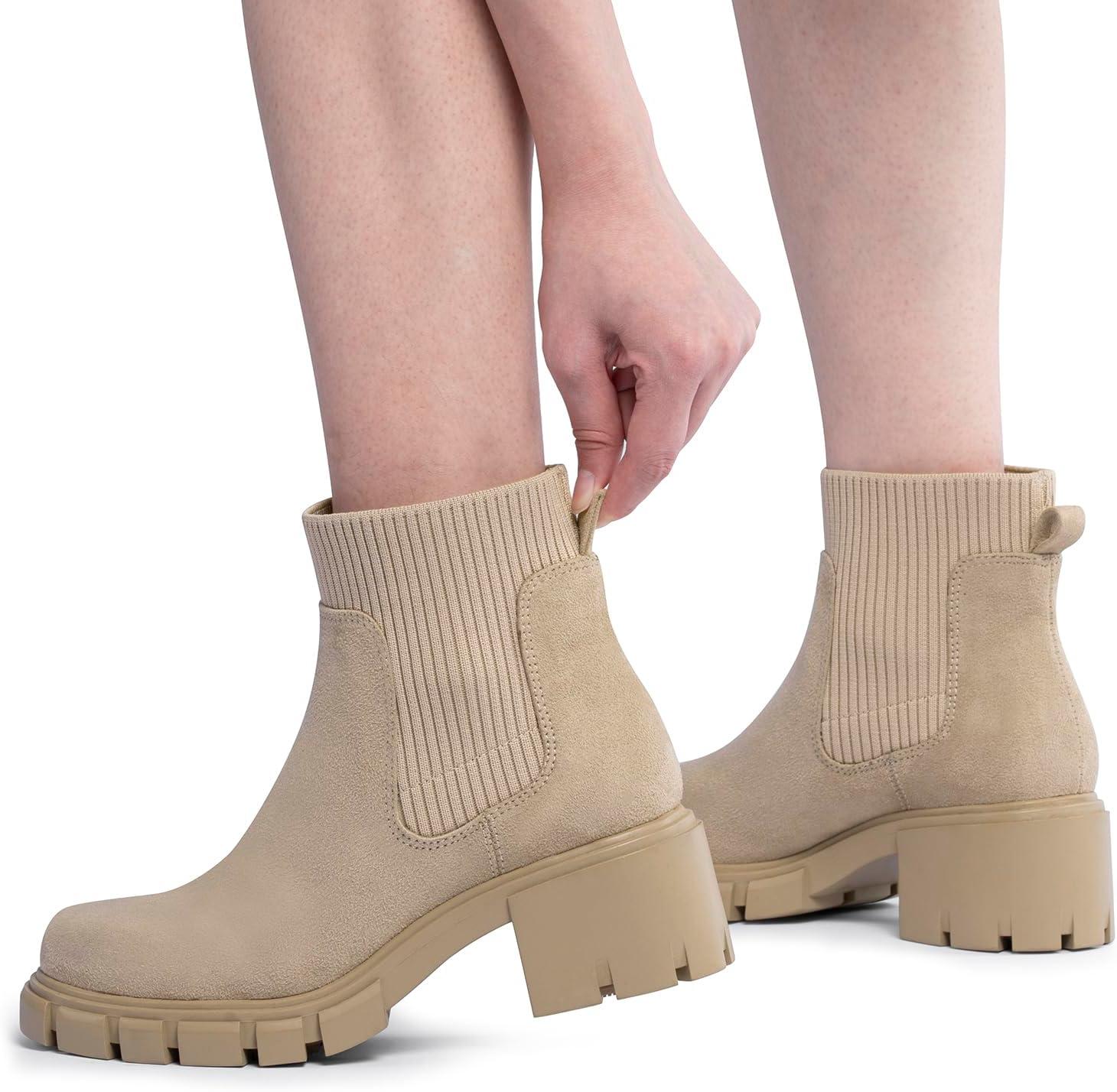 imageFITORY Womens Chelsea Boots Elastic Ankle Booties with Chunky Mid Heel and Lug Sole Comfy Trendy Slip on Shoes for Fall and Winter Size 611Beige