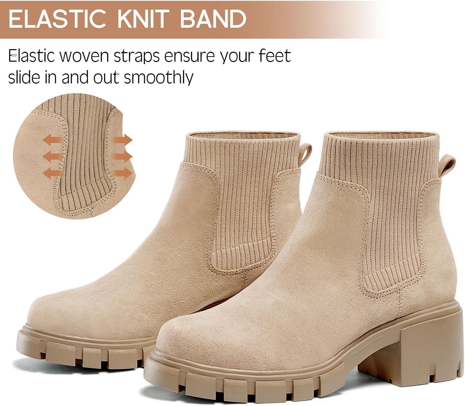 imageFITORY Womens Chelsea Boots Elastic Ankle Booties with Chunky Mid Heel and Lug Sole Comfy Trendy Slip on Shoes for Fall and Winter Size 611Beige