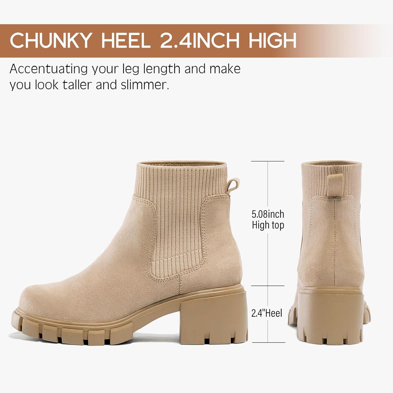 imageFITORY Womens Chelsea Boots Elastic Ankle Booties with Chunky Mid Heel and Lug Sole Comfy Trendy Slip on Shoes for Fall and Winter Size 611Beige