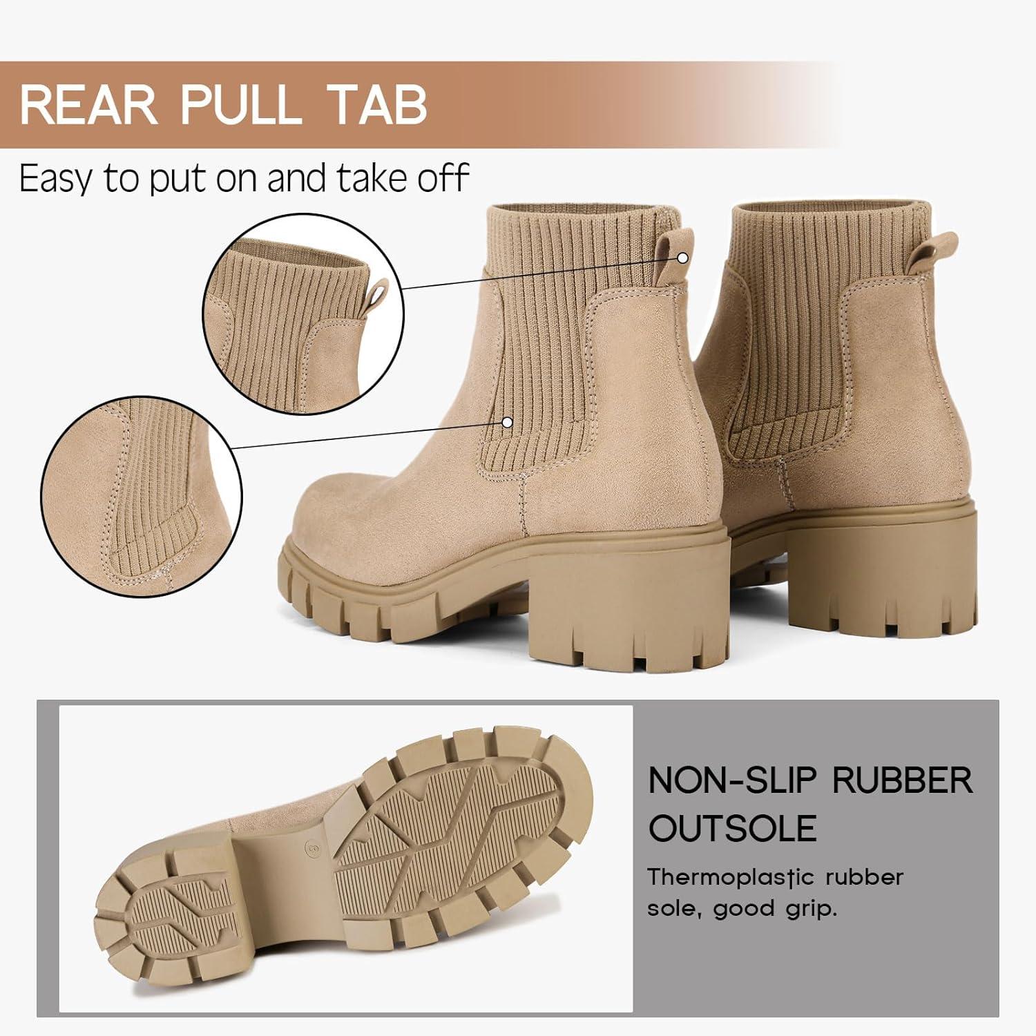 imageFITORY Womens Chelsea Boots Elastic Ankle Booties with Chunky Mid Heel and Lug Sole Comfy Trendy Slip on Shoes for Fall and Winter Size 611Beige