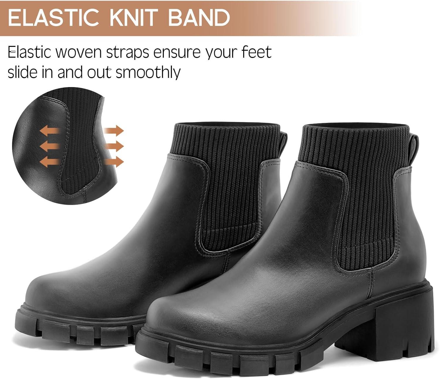 imageFITORY Womens Chelsea Boots Elastic Ankle Booties with Chunky Mid Heel and Lug Sole Comfy Trendy Slip on Shoes for Fall and Winter Size 611Black