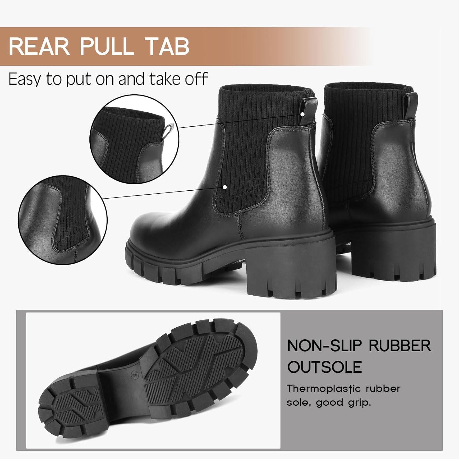 imageFITORY Womens Chelsea Boots Elastic Ankle Booties with Chunky Mid Heel and Lug Sole Comfy Trendy Slip on Shoes for Fall and Winter Size 611Black