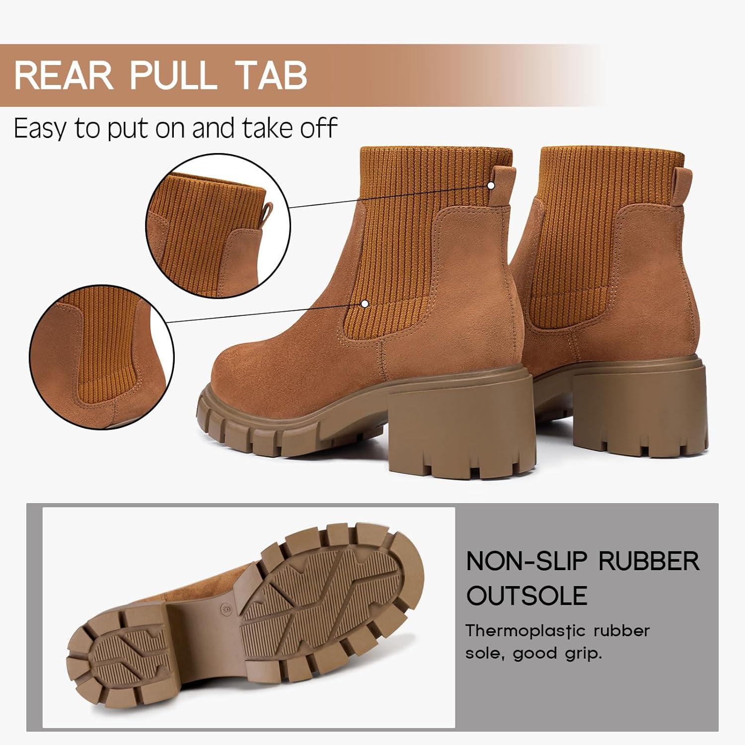 imageFITORY Womens Chelsea Boots Elastic Ankle Booties with Chunky Mid Heel and Lug Sole Comfy Trendy Slip on Shoes for Fall and Winter Size 611Brown
