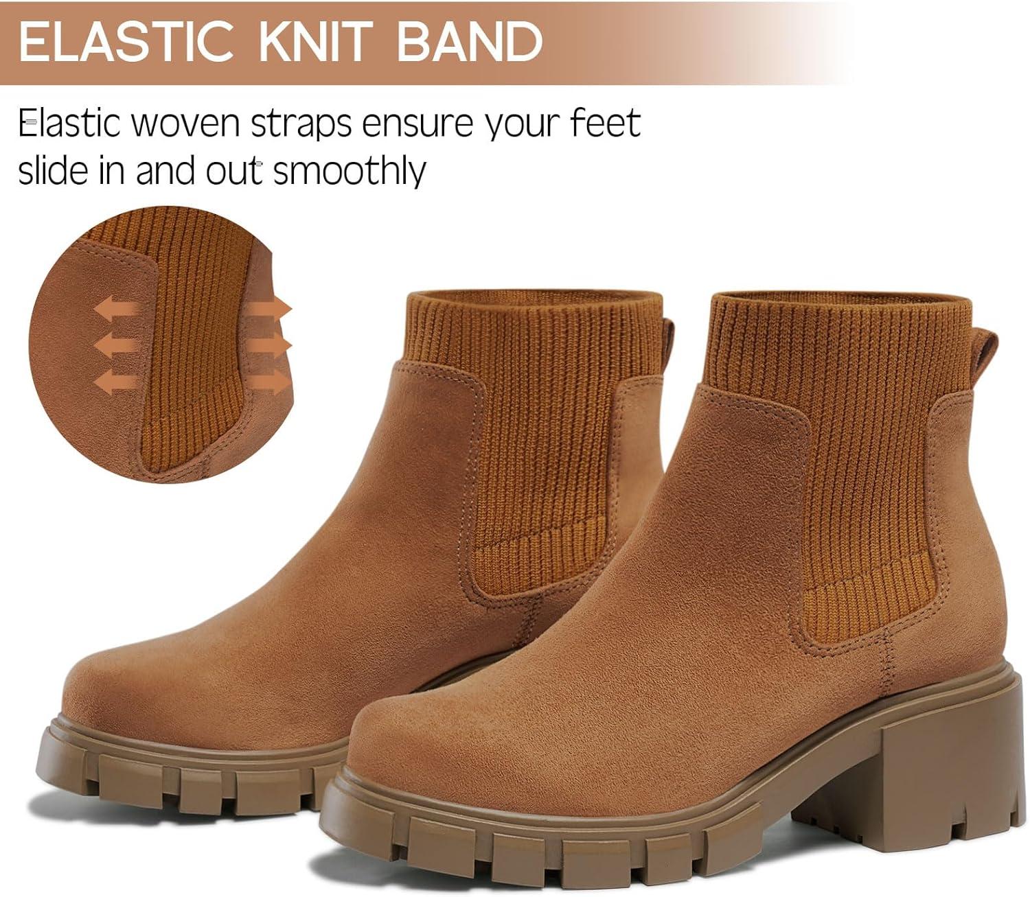 imageFITORY Womens Chelsea Boots Elastic Ankle Booties with Chunky Mid Heel and Lug Sole Comfy Trendy Slip on Shoes for Fall and Winter Size 611Brown