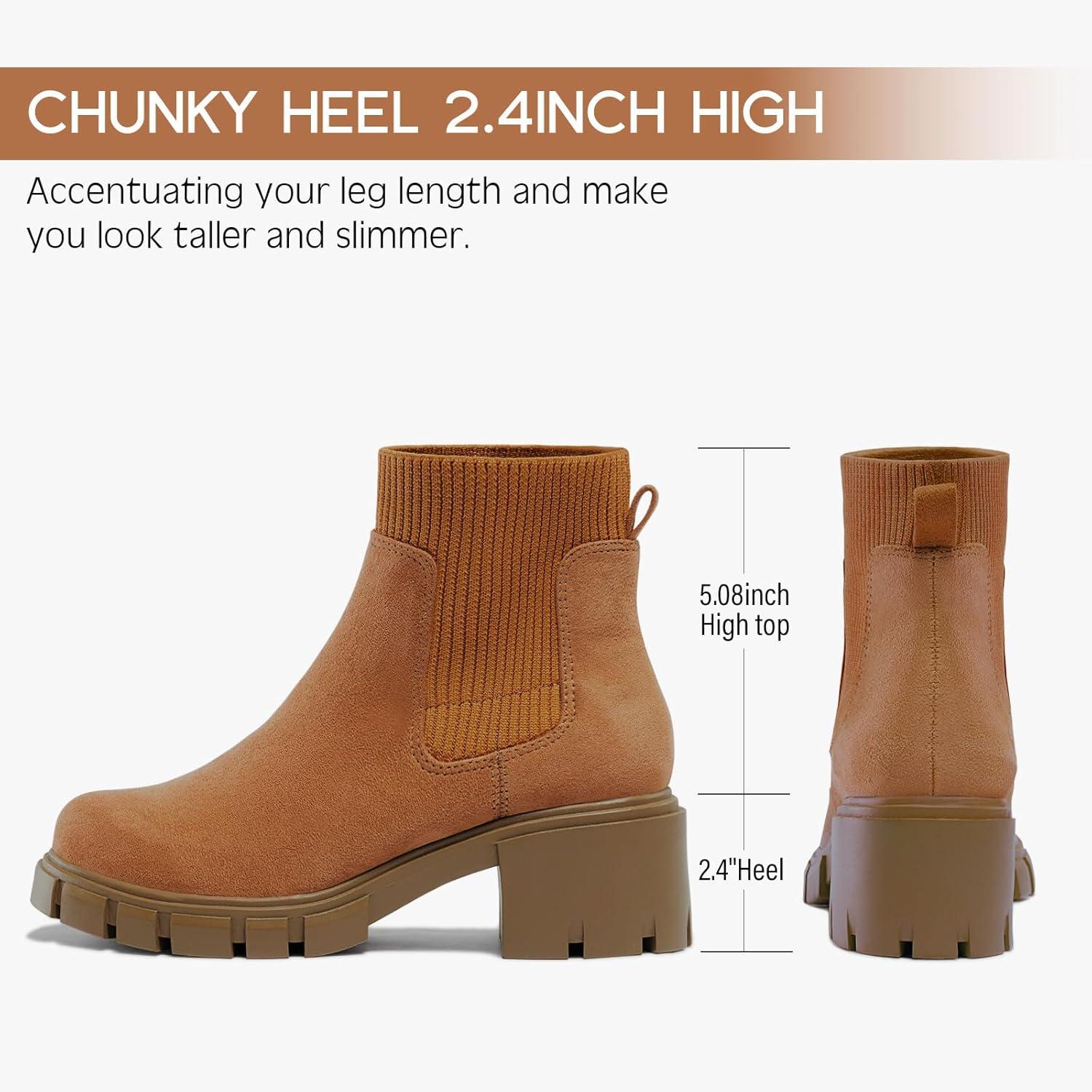imageFITORY Womens Chelsea Boots Elastic Ankle Booties with Chunky Mid Heel and Lug Sole Comfy Trendy Slip on Shoes for Fall and Winter Size 611Brown