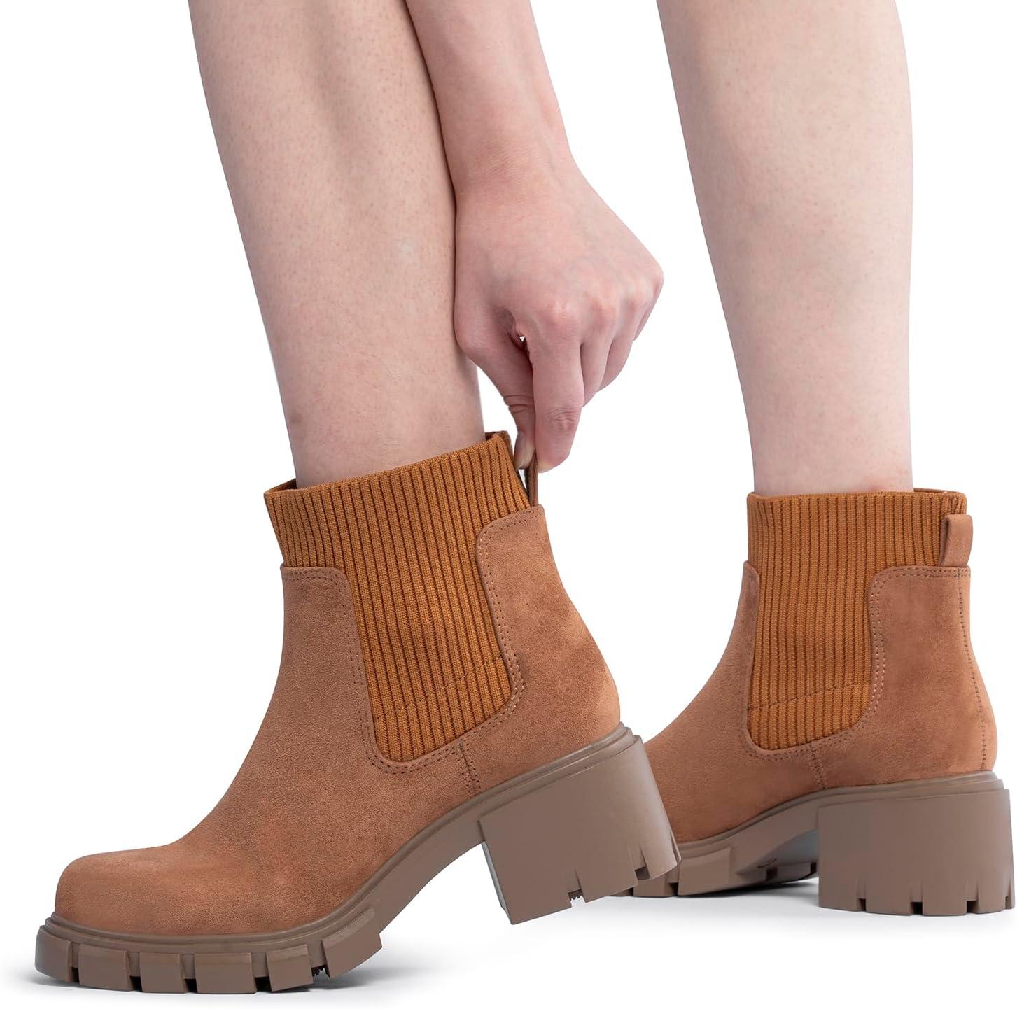 imageFITORY Womens Chelsea Boots Elastic Ankle Booties with Chunky Mid Heel and Lug Sole Comfy Trendy Slip on Shoes for Fall and Winter Size 611Brown
