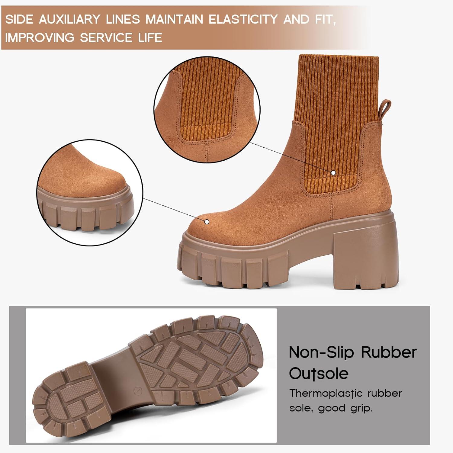 imageFITORY Womens Chelsea Boots Elastic Ankle Booties with Chunky Mid Heel and Lug Sole Comfy Trendy Slip on Shoes for Fall and Winter Size 611Heighteningbrown