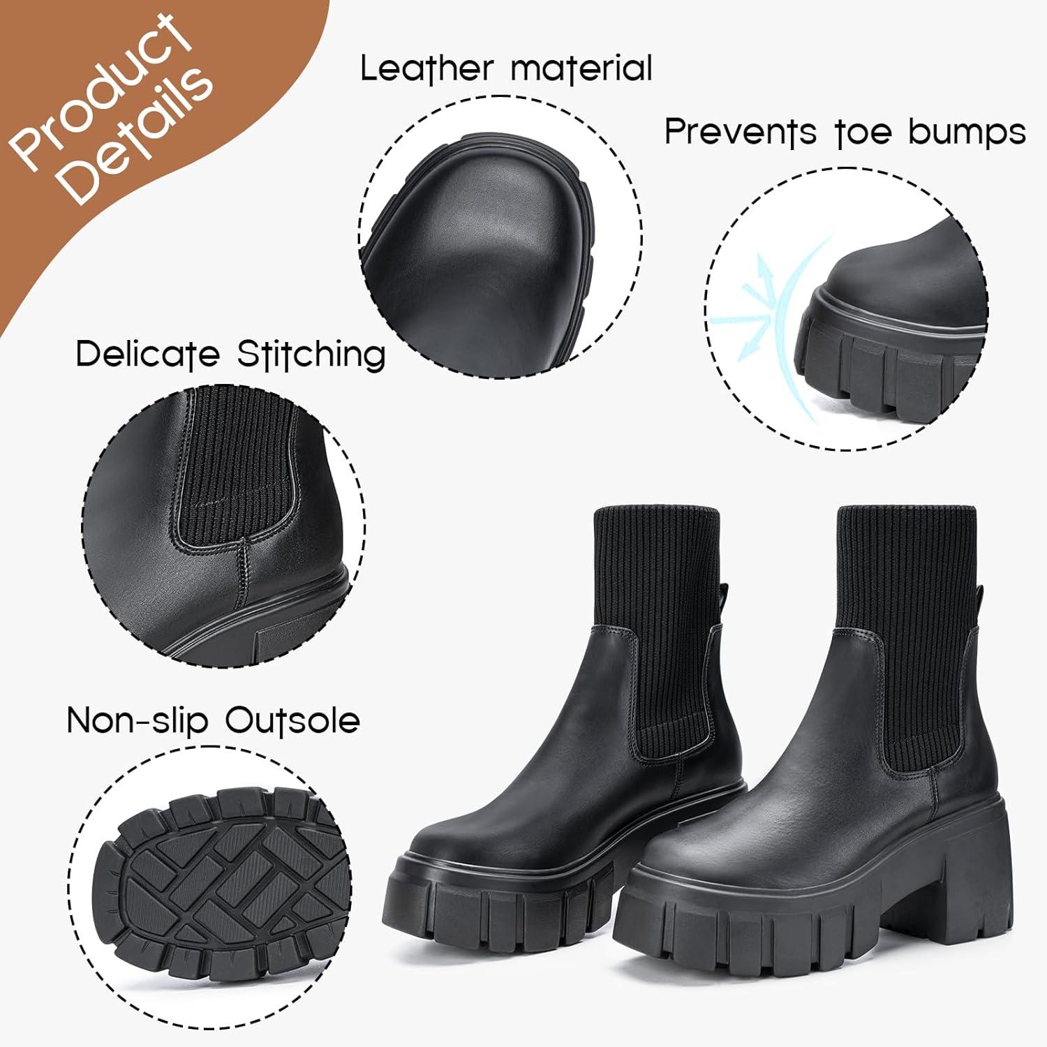 imageFITORY Womens Chelsea Boots Elastic Ankle Booties with Chunky Mid Heel and Lug Sole Comfy Trendy Slip on Shoes for Fall and Winter Size 611Heighteningblack