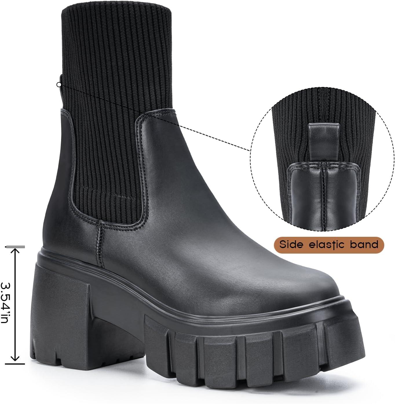 imageFITORY Womens Chelsea Boots Elastic Ankle Booties with Chunky Mid Heel and Lug Sole Comfy Trendy Slip on Shoes for Fall and Winter Size 611Heighteningblack