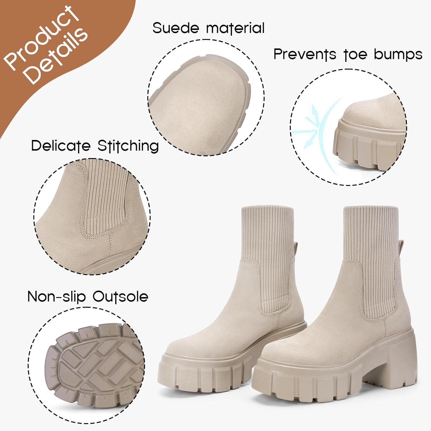 imageFITORY Womens Chelsea Boots Elastic Ankle Booties with Chunky Mid Heel and Lug Sole Comfy Trendy Slip on Shoes for Fall and Winter Size 611Heighteningtan