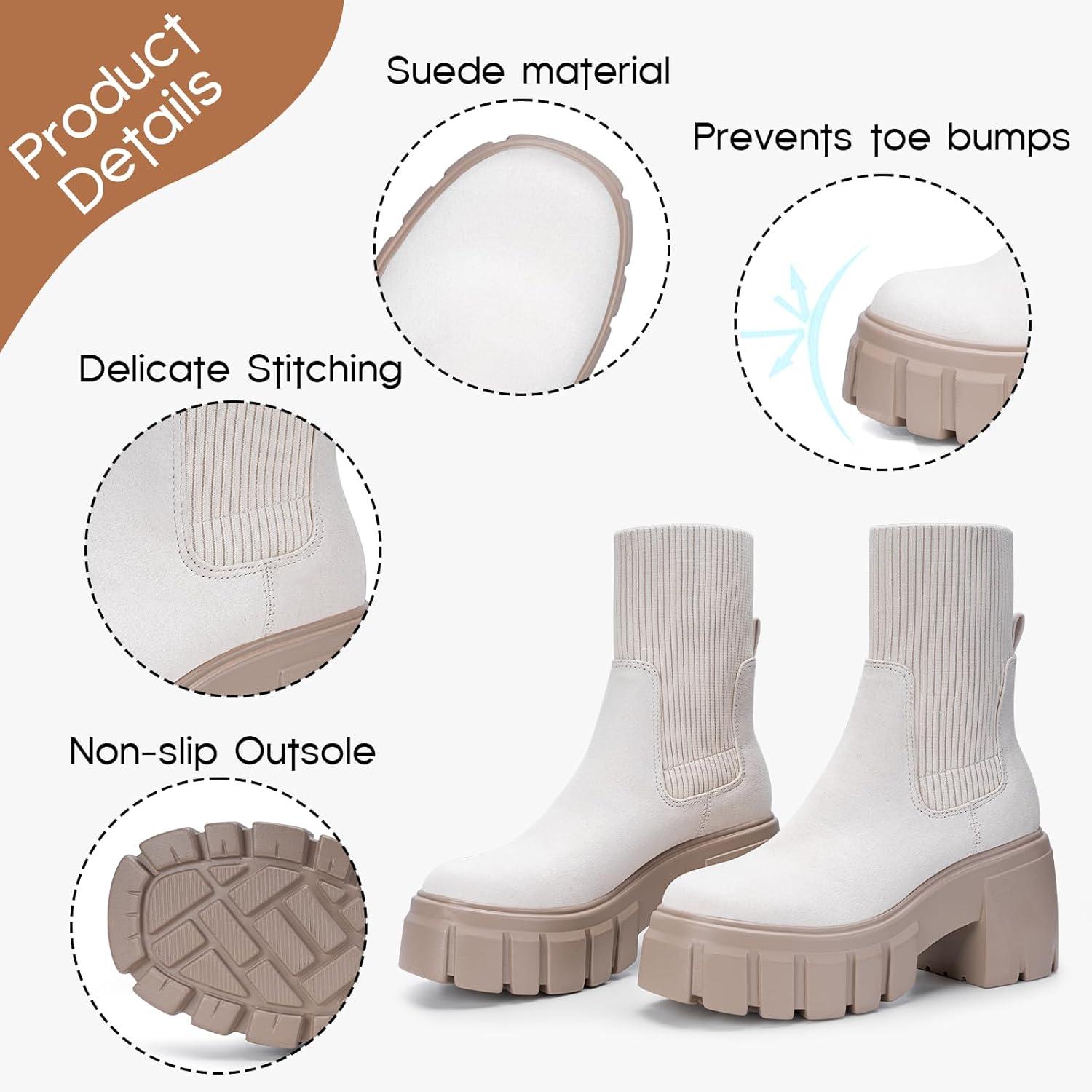imageFITORY Womens Chelsea Boots Elastic Ankle Booties with Chunky Mid Heel and Lug Sole Comfy Trendy Slip on Shoes for Fall and Winter Size 611Heighteningbeige