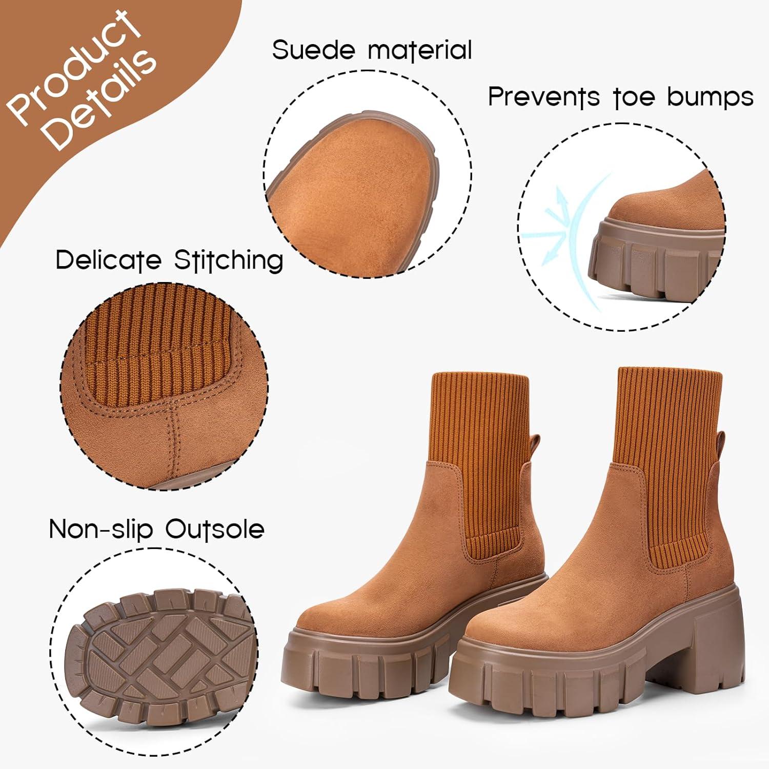 imageFITORY Womens Chelsea Boots Elastic Ankle Booties with Chunky Mid Heel and Lug Sole Comfy Trendy Slip on Shoes for Fall and Winter Size 611Heighteningbrown