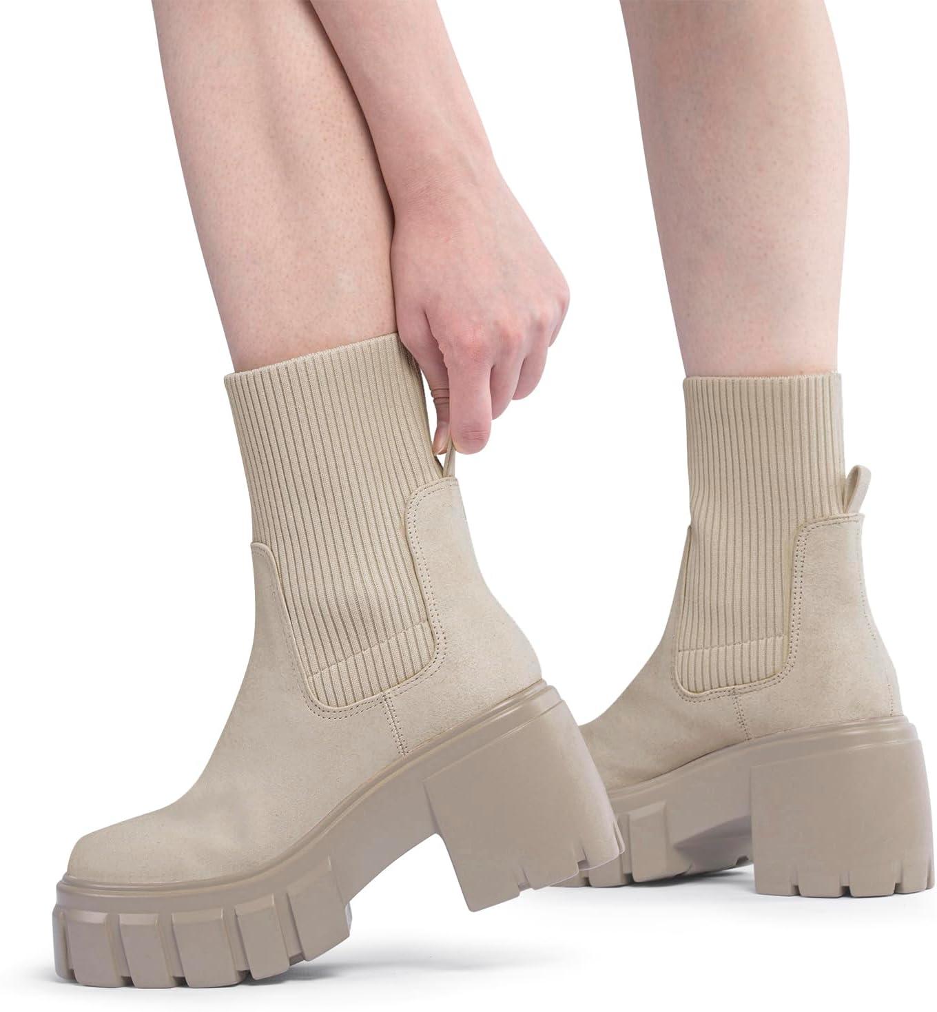 imageFITORY Womens Chelsea Boots Elastic Ankle Booties with Chunky Mid Heel and Lug Sole Comfy Trendy Slip on Shoes for Fall and Winter Size 611Heighteningtan