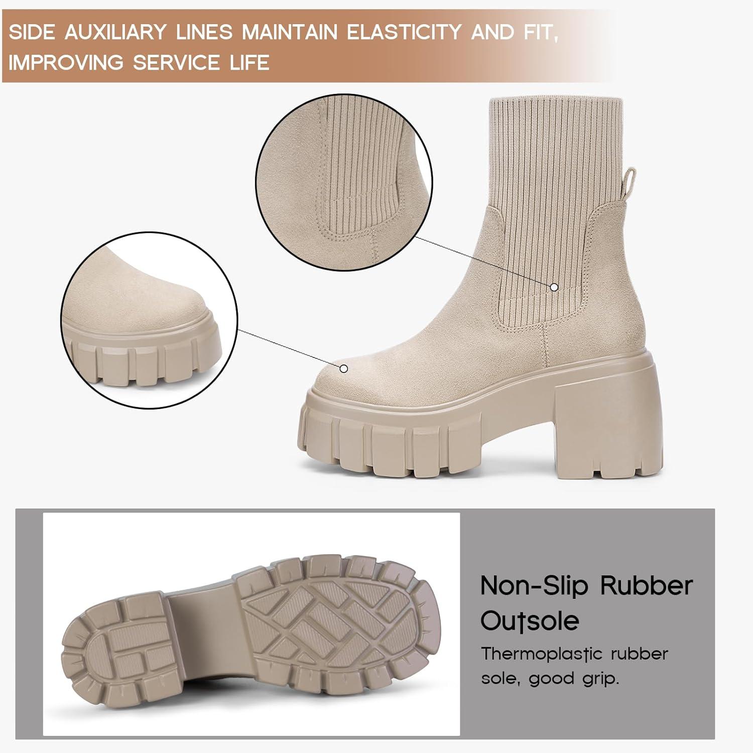 imageFITORY Womens Chelsea Boots Elastic Ankle Booties with Chunky Mid Heel and Lug Sole Comfy Trendy Slip on Shoes for Fall and Winter Size 611Heighteningtan