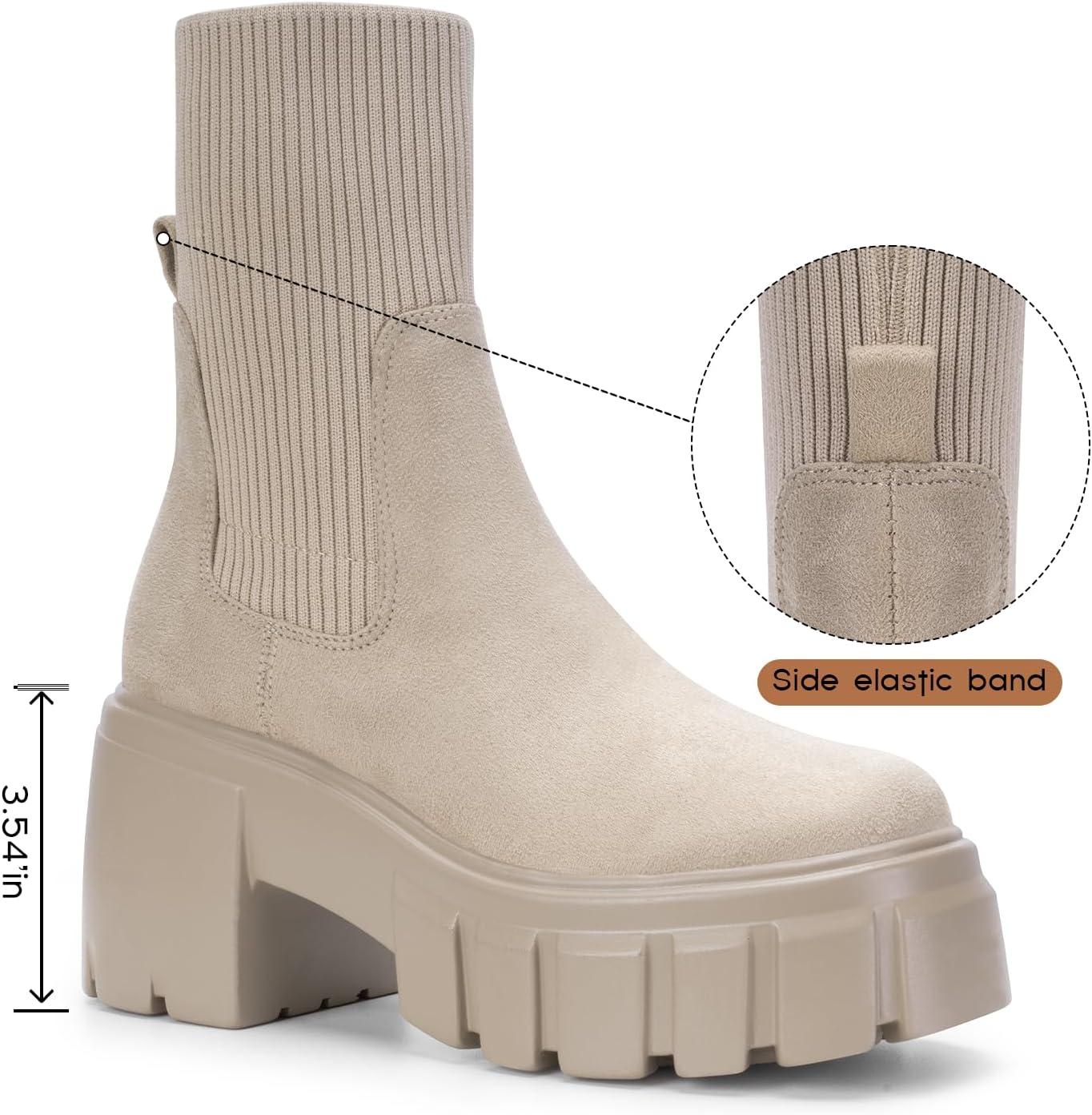 imageFITORY Womens Chelsea Boots Elastic Ankle Booties with Chunky Mid Heel and Lug Sole Comfy Trendy Slip on Shoes for Fall and Winter Size 611Heighteningtan