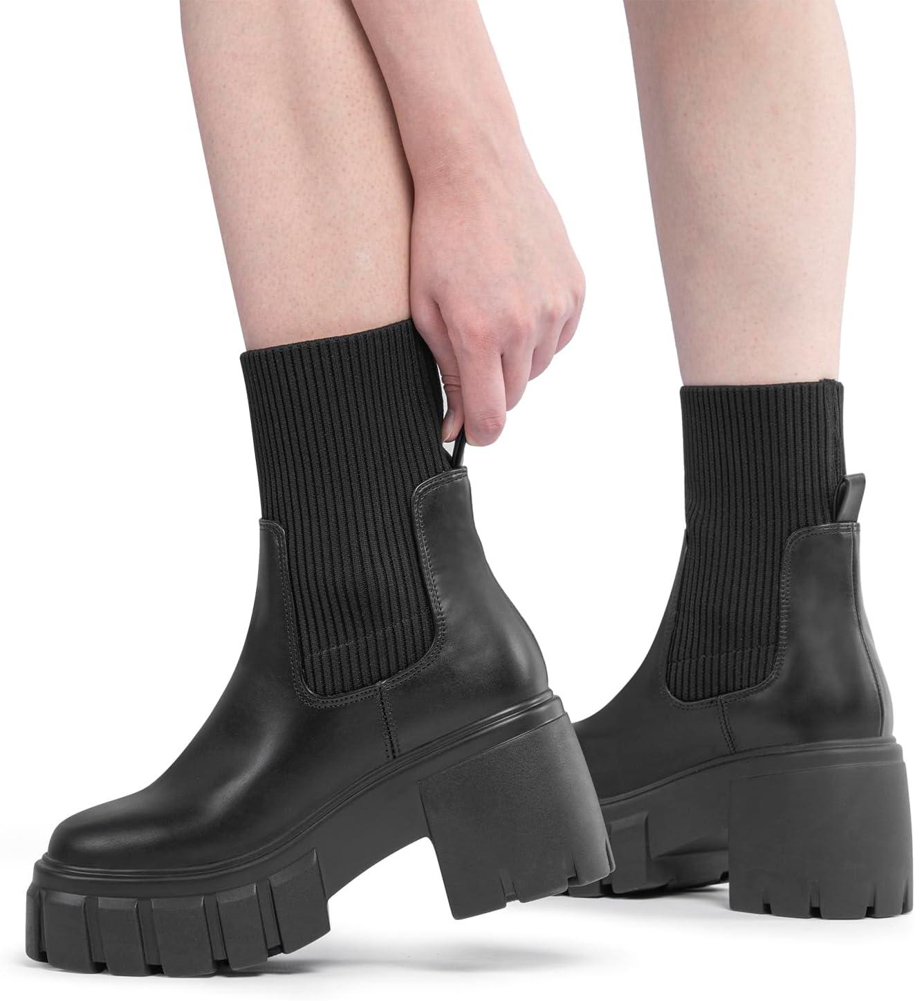 imageFITORY Womens Chelsea Boots Elastic Ankle Booties with Chunky Mid Heel and Lug Sole Comfy Trendy Slip on Shoes for Fall and Winter Size 611Heighteningblack